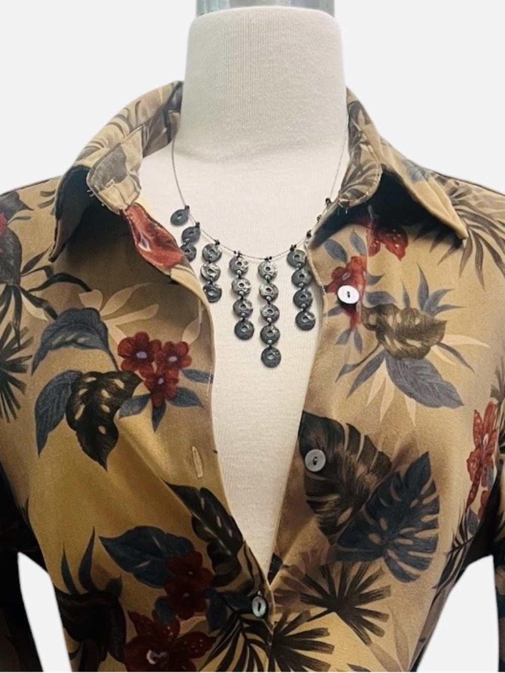 Caribbean Joe Olive Green Tan Floral Button-Down Shirt - Picture 3 of 8